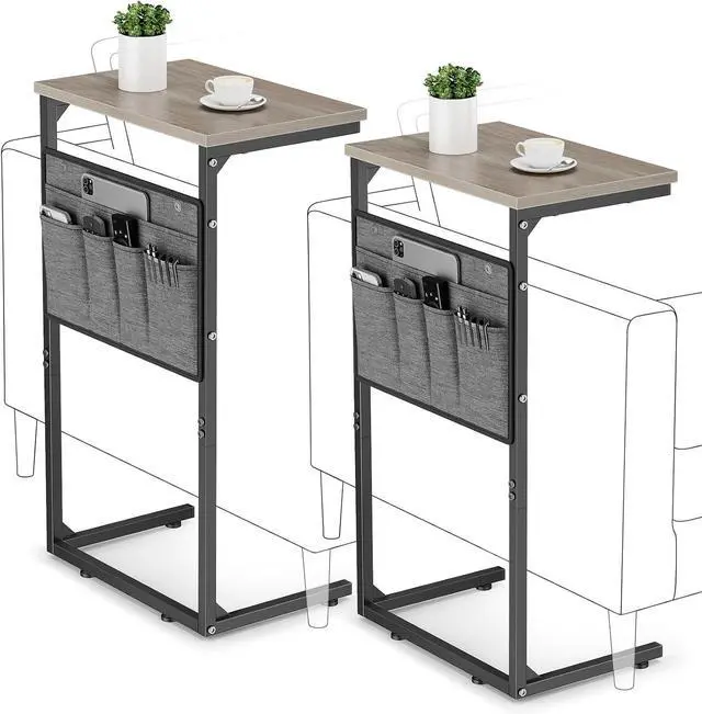 Main image of Vagusicc C Shaped End Table Set of 2, Tall Side Table for Sofa, Small Couch Side Table with Storage Bag, TV Tray Table for Small Spaces, Sturdy Slide Under Sofa Table with Metal Frame for Living Room