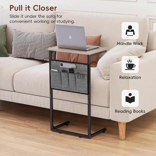 Alt view image 5 of 7 - Vagusicc C Shaped End Table Set of 2, Tall Side Table for Sofa, Small Couch Side Table with Storage Bag, TV Tray Table for Small Spaces, Sturdy Slide Under Sofa Table with Metal Frame for Living Room