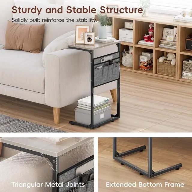 Alt view image 6 of 7 - Vagusicc C Shaped End Table Set of 2, Tall Side Table for Sofa, Small Couch Side Table with Storage Bag, TV Tray Table for Small Spaces, Sturdy Slide Under Sofa Table with Metal Frame for Living Room