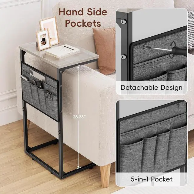 Alt view image 7 of 7 - Vagusicc C Shaped End Table Set of 2, Tall Side Table for Sofa, Small Couch Side Table with Storage Bag, TV Tray Table for Small Spaces, Sturdy Slide Under Sofa Table with Metal Frame for Living Room