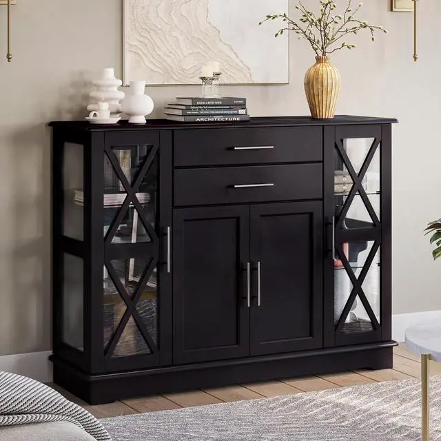 Main image of BELLEZE Sideboard Buffet Cabinet, 47 Inch Storage Cabinet Console Table Coffee Bar Cabinet Kitchen Cupboard Pantry Cabinet Glass Display Cabinet for Lving Room Entryway Dining Room,Espresso
