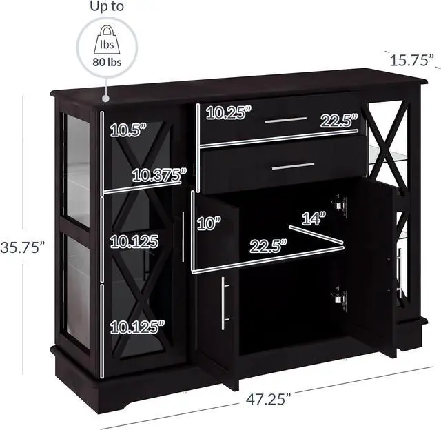 Alt view image 2 of 7 - BELLEZE Sideboard Buffet Cabinet, 47 Inch Storage Cabinet Console Table Coffee Bar Cabinet Kitchen Cupboard Pantry Cabinet Glass Display Cabinet for Lving Room Entryway Dining Room,Espresso