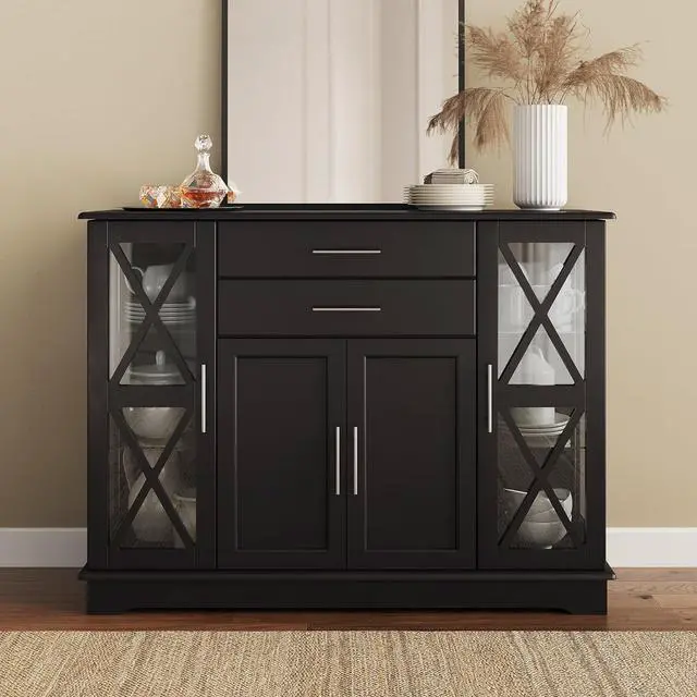 Alt view image 3 of 7 - BELLEZE Sideboard Buffet Cabinet, 47 Inch Storage Cabinet Console Table Coffee Bar Cabinet Kitchen Cupboard Pantry Cabinet Glass Display Cabinet for Lving Room Entryway Dining Room,Espresso