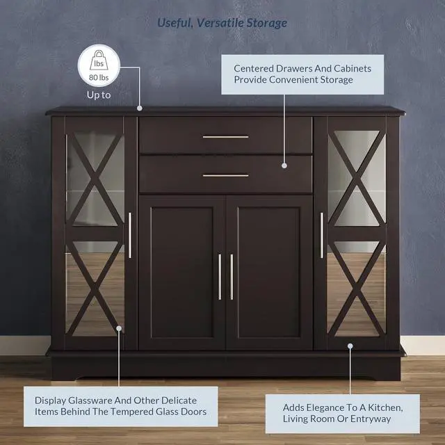 Alt view image 5 of 7 - BELLEZE Sideboard Buffet Cabinet, 47 Inch Storage Cabinet Console Table Coffee Bar Cabinet Kitchen Cupboard Pantry Cabinet Glass Display Cabinet for Lving Room Entryway Dining Room,Espresso