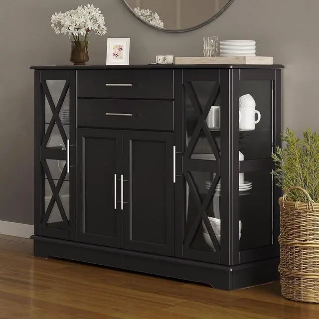 Alt view image 6 of 7 - BELLEZE Sideboard Buffet Cabinet, 47 Inch Storage Cabinet Console Table Coffee Bar Cabinet Kitchen Cupboard Pantry Cabinet Glass Display Cabinet for Lving Room Entryway Dining Room,Espresso