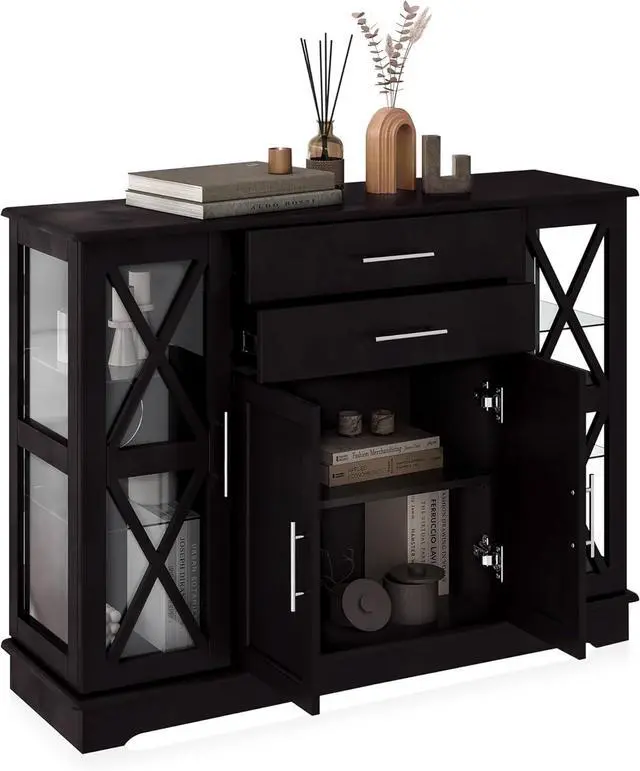 Alt view image 7 of 7 - BELLEZE Sideboard Buffet Cabinet, 47 Inch Storage Cabinet Console Table Coffee Bar Cabinet Kitchen Cupboard Pantry Cabinet Glass Display Cabinet for Lving Room Entryway Dining Room,Espresso