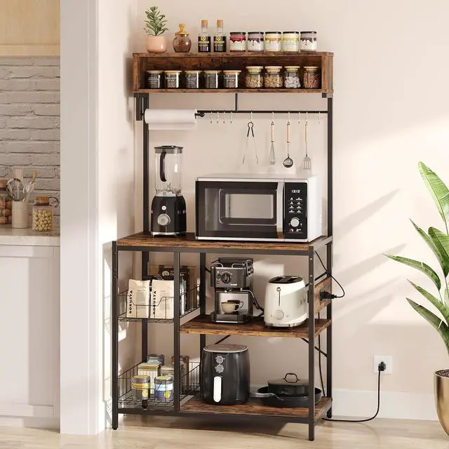 Main image of Bestier Bakers Rack with Power Outlet, 5-Tiers Microwave Stand with Storage, Coffee Bar with Paper Holder & Wire Basket, Adjustable Kitchen Storage Shelf with 10 Hooks, Rustic Brown