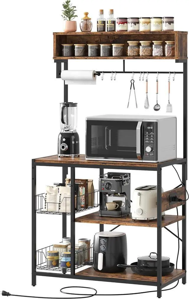 Alt view image 2 of 7 - Bestier Bakers Rack with Power Outlet, 5-Tiers Microwave Stand with Storage, Coffee Bar with Paper Holder & Wire Basket, Adjustable Kitchen Storage Shelf with 10 Hooks, Rustic Brown