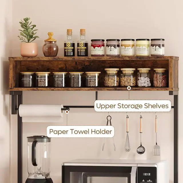 Alt view image 3 of 7 - Bestier Bakers Rack with Power Outlet, 5-Tiers Microwave Stand with Storage, Coffee Bar with Paper Holder & Wire Basket, Adjustable Kitchen Storage Shelf with 10 Hooks, Rustic Brown