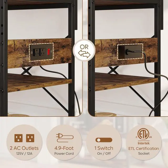 Alt view image 4 of 7 - Bestier Bakers Rack with Power Outlet, 5-Tiers Microwave Stand with Storage, Coffee Bar with Paper Holder & Wire Basket, Adjustable Kitchen Storage Shelf with 10 Hooks, Rustic Brown