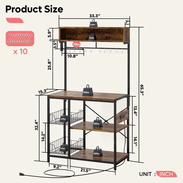 Alt view image 5 of 7 - Bestier Bakers Rack with Power Outlet, 5-Tiers Microwave Stand with Storage, Coffee Bar with Paper Holder & Wire Basket, Adjustable Kitchen Storage Shelf with 10 Hooks, Rustic Brown