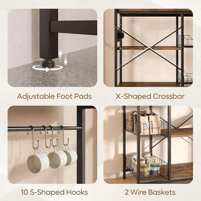 Alt view image 7 of 7 - Bestier Bakers Rack with Power Outlet, 5-Tiers Microwave Stand with Storage, Coffee Bar with Paper Holder & Wire Basket, Adjustable Kitchen Storage Shelf with 10 Hooks, Rustic Brown