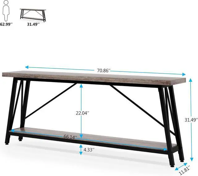 Alt view image 2 of 7 - Tribesigns 70.9 Inches Extra Long Sofa Table Behind Couch, Industrial Entry Console Table for Hallway, Entryway & Living Room, Light Gray and Black