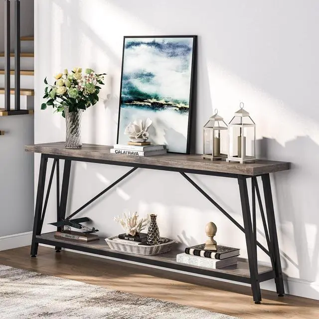 Alt view image 4 of 7 - Tribesigns 70.9 Inches Extra Long Sofa Table Behind Couch, Industrial Entry Console Table for Hallway, Entryway & Living Room, Light Gray and Black