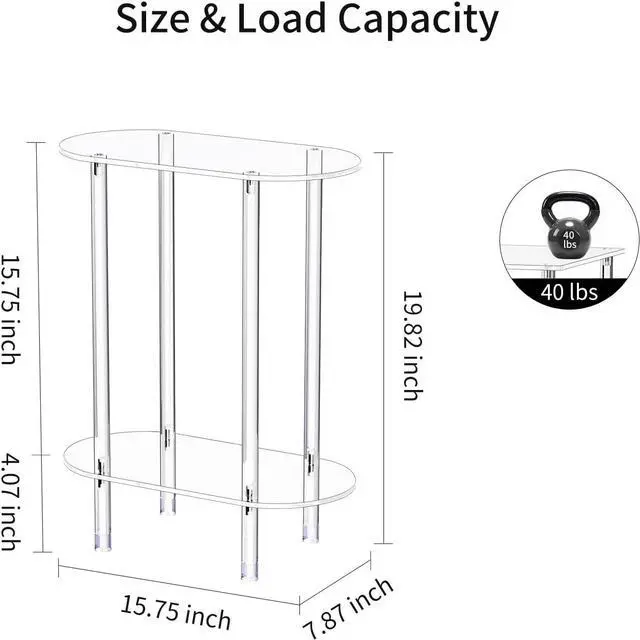 Alt view image 3 of 6 - Clear Acrylic Narrow Side Table for Small Spaces, 15.75" L x 7.87" W x 19.82" H, 2 Tier Oval Slim End Table Nightstand, Small Skinny Bedside Table for Bedroom, Bathroom, Living Room