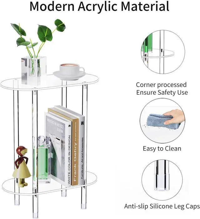Alt view image 5 of 6 - Clear Acrylic Narrow Side Table for Small Spaces, 15.75" L x 7.87" W x 19.82" H, 2 Tier Oval Slim End Table Nightstand, Small Skinny Bedside Table for Bedroom, Bathroom, Living Room