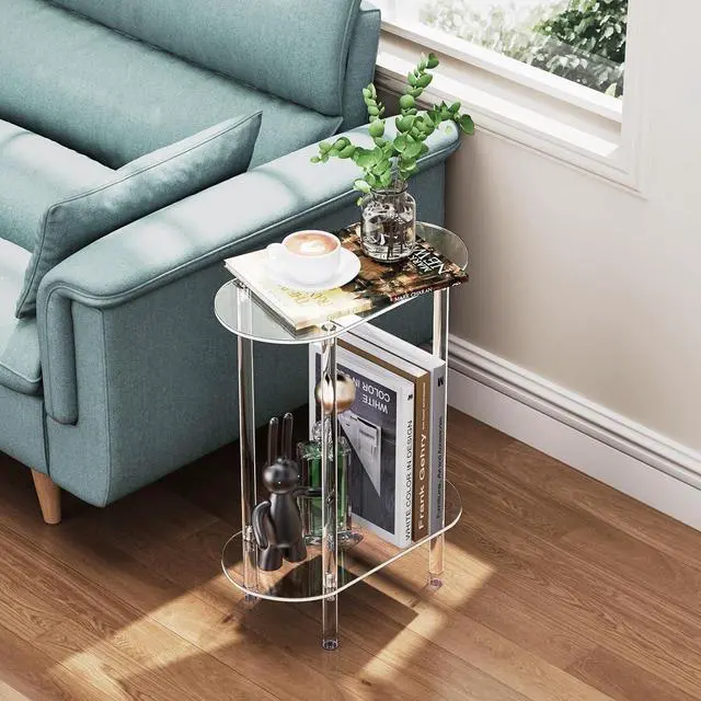 Alt view image 6 of 6 - Clear Acrylic Narrow Side Table for Small Spaces, 15.75" L x 7.87" W x 19.82" H, 2 Tier Oval Slim End Table Nightstand, Small Skinny Bedside Table for Bedroom, Bathroom, Living Room