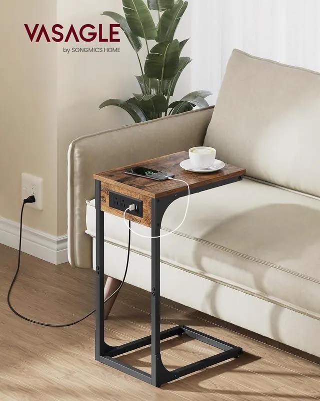 Alt view image 2 of 6 - VASAGLE C-Shaped Side Table, End Table with Charging Station, C Table for Couch, Sofa, Adjustable Feet, for Bedroom, Living Room, 2 USB Ports and Outlets, Rustic Brown ULET362K01