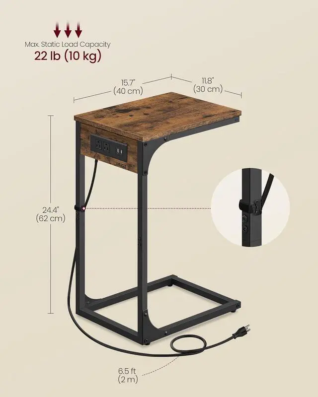 Alt view image 3 of 6 - VASAGLE C-Shaped Side Table, End Table with Charging Station, C Table for Couch, Sofa, Adjustable Feet, for Bedroom, Living Room, 2 USB Ports and Outlets, Rustic Brown ULET362K01