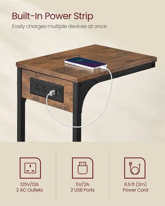 Alt view image 4 of 6 - VASAGLE C-Shaped Side Table, End Table with Charging Station, C Table for Couch, Sofa, Adjustable Feet, for Bedroom, Living Room, 2 USB Ports and Outlets, Rustic Brown ULET362K01