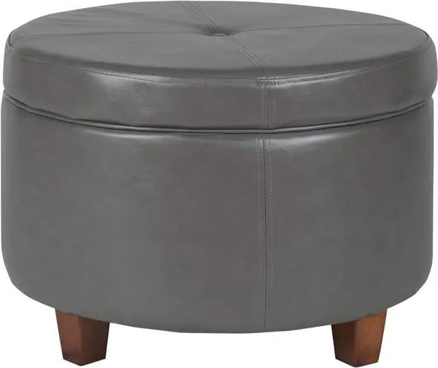 Main image of HomePop Round Leatherette Storage Ottoman with Lid, Charcoal Grey Large