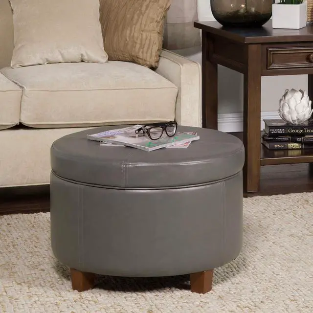 Alt view image 2 of 7 - HomePop Round Leatherette Storage Ottoman with Lid, Charcoal Grey Large