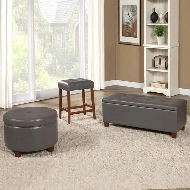 Alt view image 5 of 7 - HomePop Round Leatherette Storage Ottoman with Lid, Charcoal Grey Large