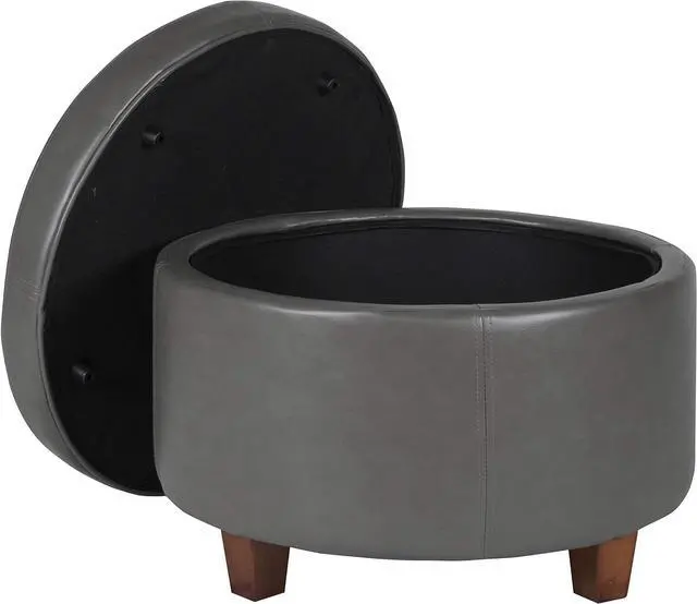 Alt view image 7 of 7 - HomePop Round Leatherette Storage Ottoman with Lid, Charcoal Grey Large