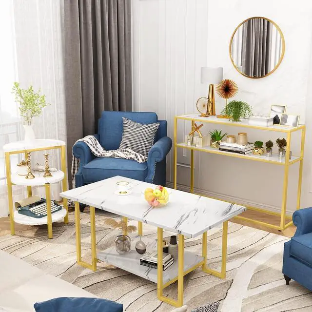 Main image of DKLGG Living Room Table Set of 3, Modern Faux Marble Semicircle End Table & 2 Rectangular Sofa/Side/End Tables, Coffee Table and End Table Sets with Metal Frame for Living Room, Office Room - 3PC