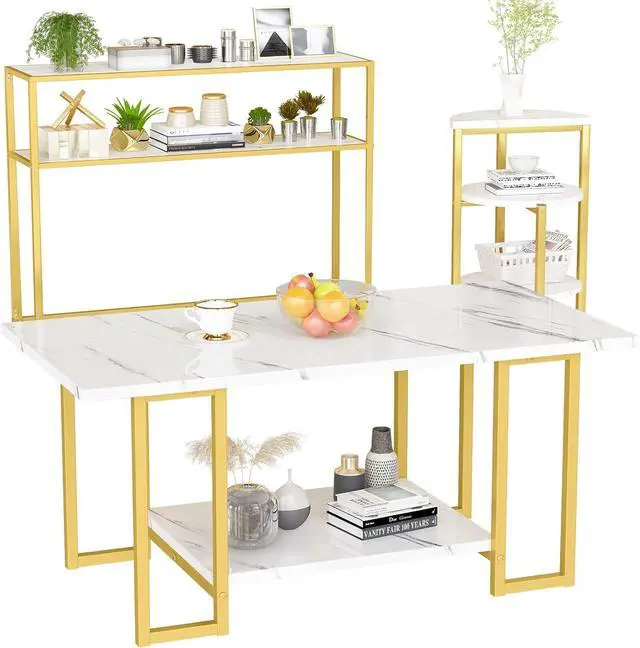 Alt view image 2 of 7 - DKLGG Living Room Table Set of 3, Modern Faux Marble Semicircle End Table & 2 Rectangular Sofa/Side/End Tables, Coffee Table and End Table Sets with Metal Frame for Living Room, Office Room - 3PC