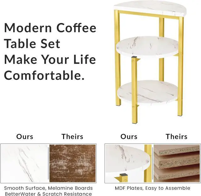 Alt view image 4 of 7 - DKLGG Living Room Table Set of 3, Modern Faux Marble Semicircle End Table & 2 Rectangular Sofa/Side/End Tables, Coffee Table and End Table Sets with Metal Frame for Living Room, Office Room - 3PC