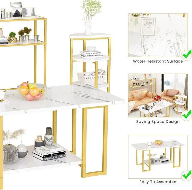 Alt view image 5 of 7 - DKLGG Living Room Table Set of 3, Modern Faux Marble Semicircle End Table & 2 Rectangular Sofa/Side/End Tables, Coffee Table and End Table Sets with Metal Frame for Living Room, Office Room - 3PC