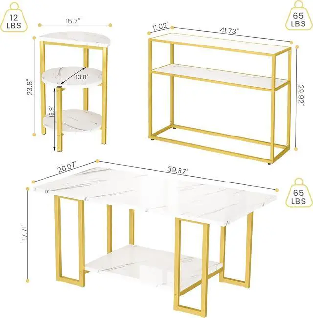 Alt view image 6 of 7 - DKLGG Living Room Table Set of 3, Modern Faux Marble Semicircle End Table & 2 Rectangular Sofa/Side/End Tables, Coffee Table and End Table Sets with Metal Frame for Living Room, Office Room - 3PC