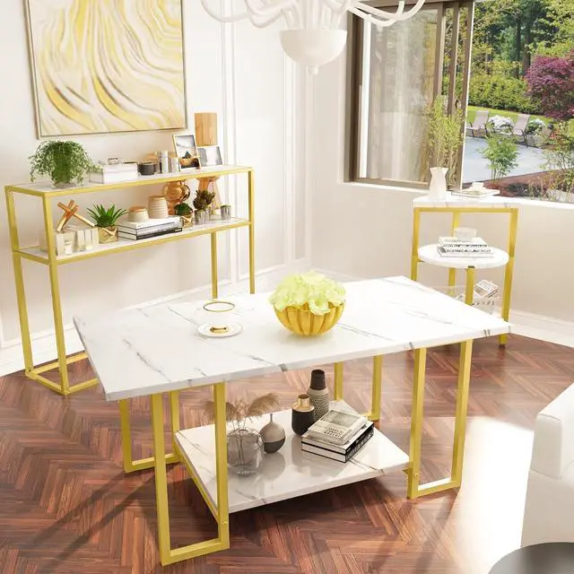 Alt view image 7 of 7 - DKLGG Living Room Table Set of 3, Modern Faux Marble Semicircle End Table & 2 Rectangular Sofa/Side/End Tables, Coffee Table and End Table Sets with Metal Frame for Living Room, Office Room - 3PC