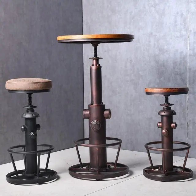 Alt view image 2 of 7 - Industrial Bar Table Swivel Round Wooden Top Height Adjustable 38.6-44.4inch Vintage Kitchen Dining Chair Coffee Table Hydrant Design Bistro Table