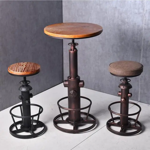 Alt view image 7 of 7 - Industrial Bar Table Swivel Round Wooden Top Height Adjustable 38.6-44.4inch Vintage Kitchen Dining Chair Coffee Table Hydrant Design Bistro Table