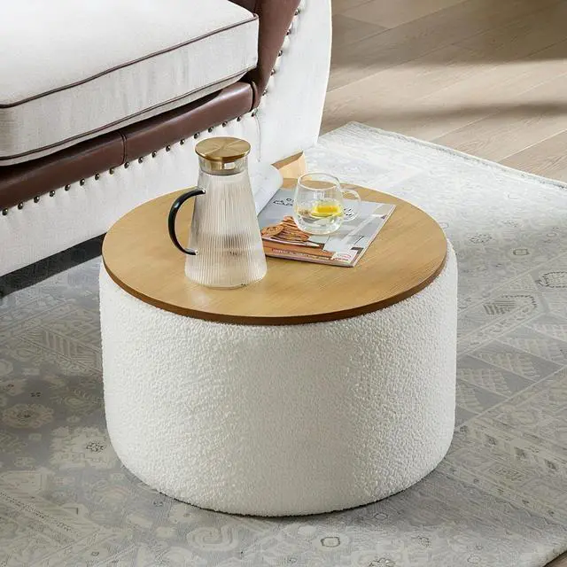 Main image of 23.6 Modern Round Storage Ottoman Coffee Table, Boucle Large Storage Ottoman with Wooden Lid, End Table Side Table Footstool for Living Room, White