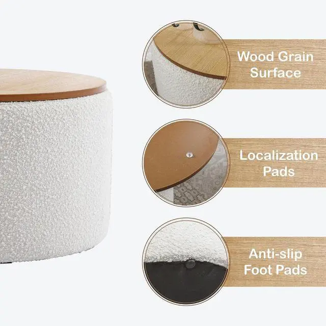 Alt view image 3 of 7 - 23.6 Modern Round Storage Ottoman Coffee Table, Boucle Large Storage Ottoman with Wooden Lid, End Table Side Table Footstool for Living Room, White