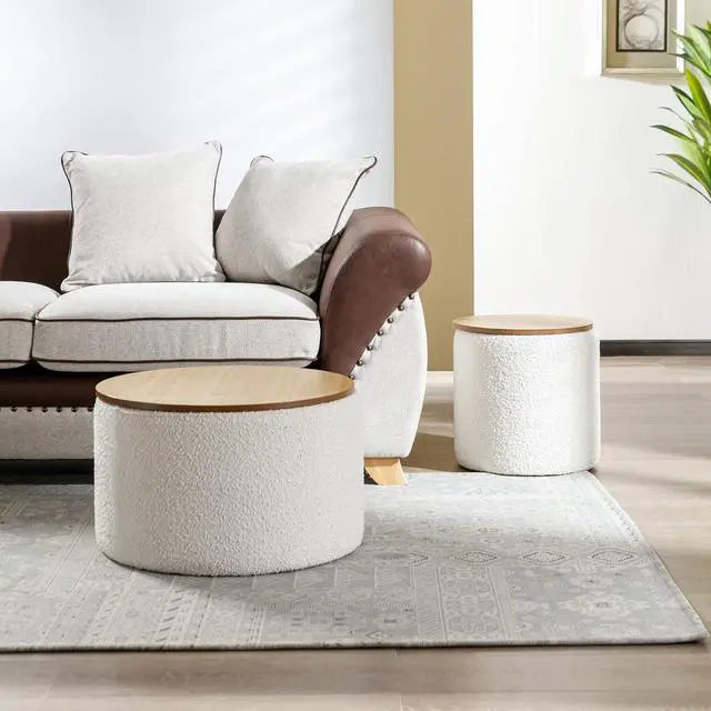 Alt view image 6 of 7 - 23.6 Modern Round Storage Ottoman Coffee Table, Boucle Large Storage Ottoman with Wooden Lid, End Table Side Table Footstool for Living Room, White