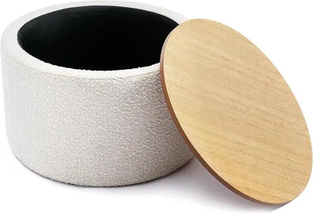 Alt view image 7 of 7 - 23.6 Modern Round Storage Ottoman Coffee Table, Boucle Large Storage Ottoman with Wooden Lid, End Table Side Table Footstool for Living Room, White