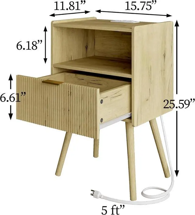 Alt view image 2 of 6 - Nightstand with Charge Station,Modern Bedside Table with Storage Drawer and Open Wood Shelf, for Living Room, Bedroom and Small Spaces, Accent Night Stand with Solid Wood Legs,Yellow Oak