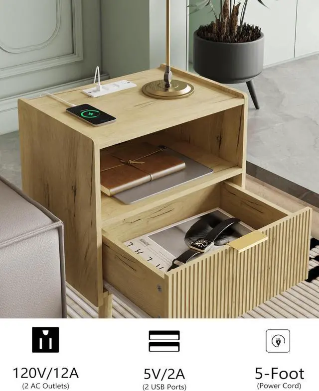 Alt view image 4 of 6 - Nightstand with Charge Station,Modern Bedside Table with Storage Drawer and Open Wood Shelf, for Living Room, Bedroom and Small Spaces, Accent Night Stand with Solid Wood Legs,Yellow Oak