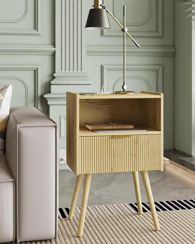 Alt view image 5 of 6 - Nightstand with Charge Station,Modern Bedside Table with Storage Drawer and Open Wood Shelf, for Living Room, Bedroom and Small Spaces, Accent Night Stand with Solid Wood Legs,Yellow Oak