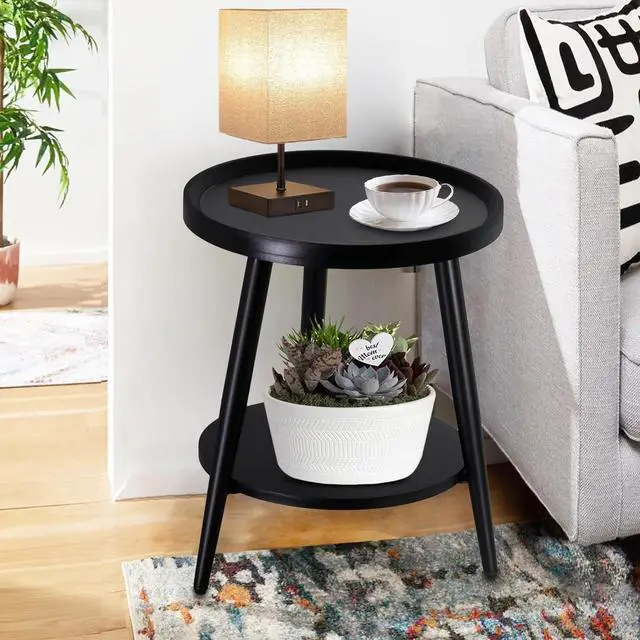 Main image of Small Round Side Table, 2-Tier Mid Century Modern Side Table, Round End Table Small Side Table for Living Room, Metal Frames, Black