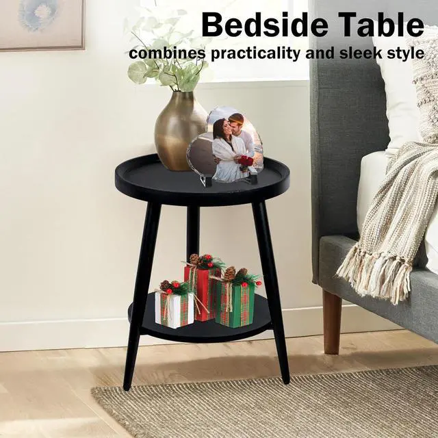 Alt view image 3 of 7 - Small Round Side Table, 2-Tier Mid Century Modern Side Table, Round End Table Small Side Table for Living Room, Metal Frames, Black