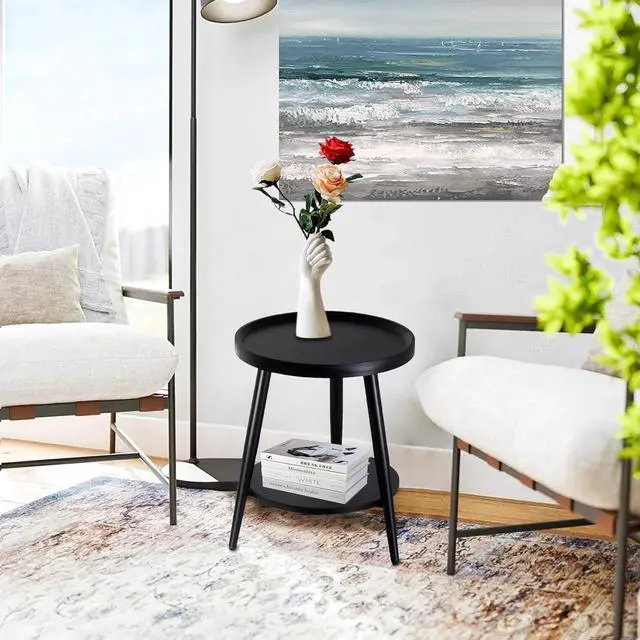 Alt view image 4 of 7 - Small Round Side Table, 2-Tier Mid Century Modern Side Table, Round End Table Small Side Table for Living Room, Metal Frames, Black