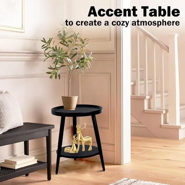 Alt view image 5 of 7 - Small Round Side Table, 2-Tier Mid Century Modern Side Table, Round End Table Small Side Table for Living Room, Metal Frames, Black