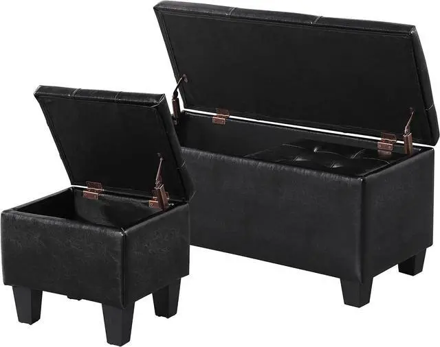Main image of Storage Ottoman Set of 3, 38'' Button-Tufted Coffee Table Bench with 2pcs Nesting Foot Stools, for Living Room Couch, Bedroom, End of Bed (Black - PU Leather)