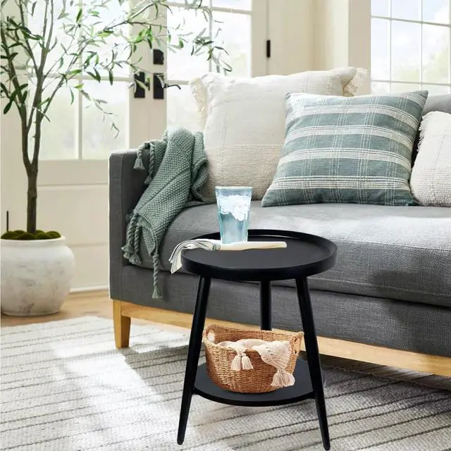 Alt view image 7 of 7 - Small Round Side Table, 2-Tier Mid Century Modern Side Table, Round End Table Small Side Table for Living Room, Metal Frames, Black