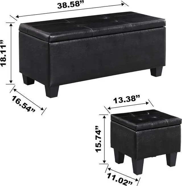 Alt view image 2 of 7 - Storage Ottoman Set of 3, 38'' Button-Tufted Coffee Table Bench with 2pcs Nesting Foot Stools, for Living Room Couch, Bedroom, End of Bed (Black - PU Leather)